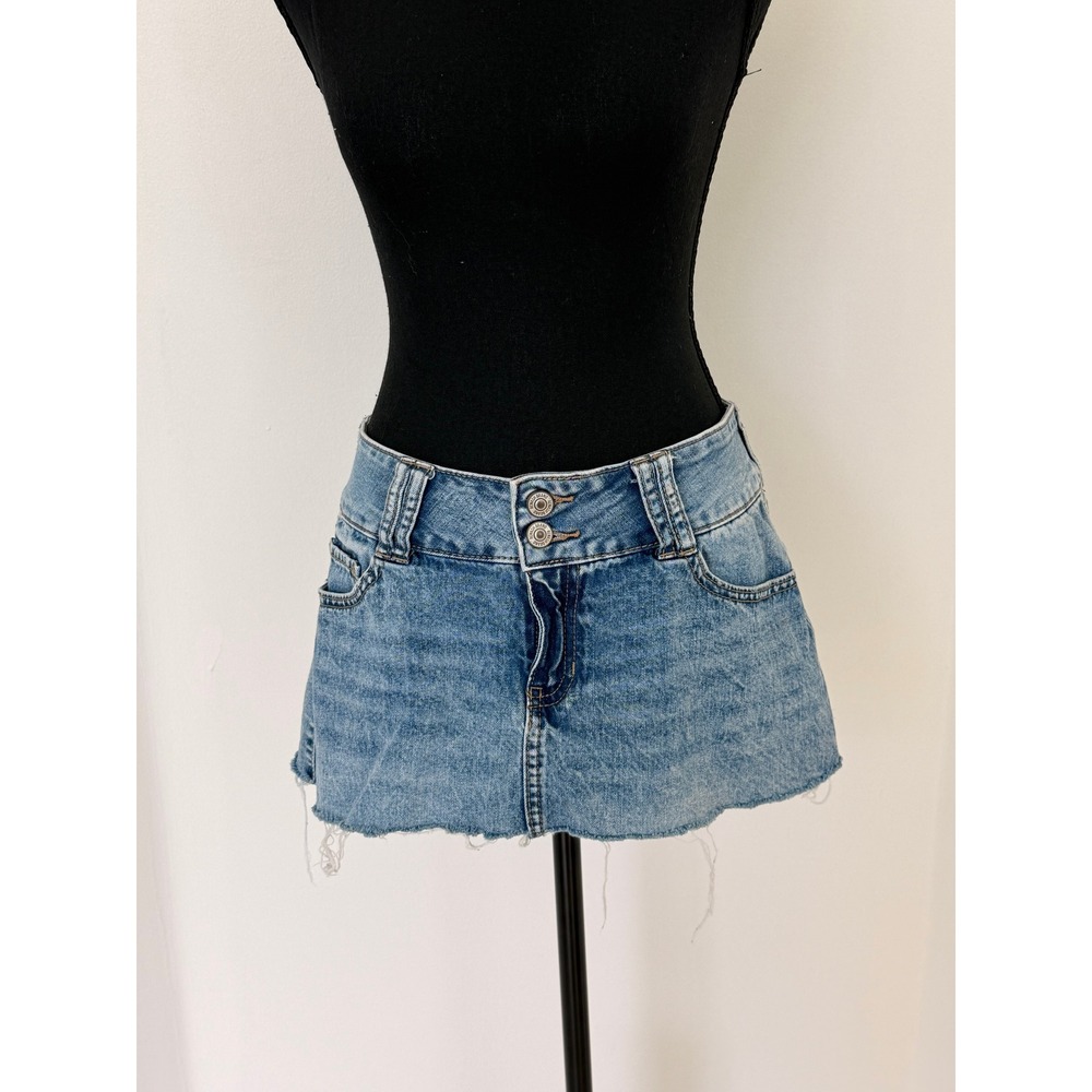 Rewash Brand Blue Denim Mini Skirt Raw Hem Y2K Double Button Low Rise Women's 8
